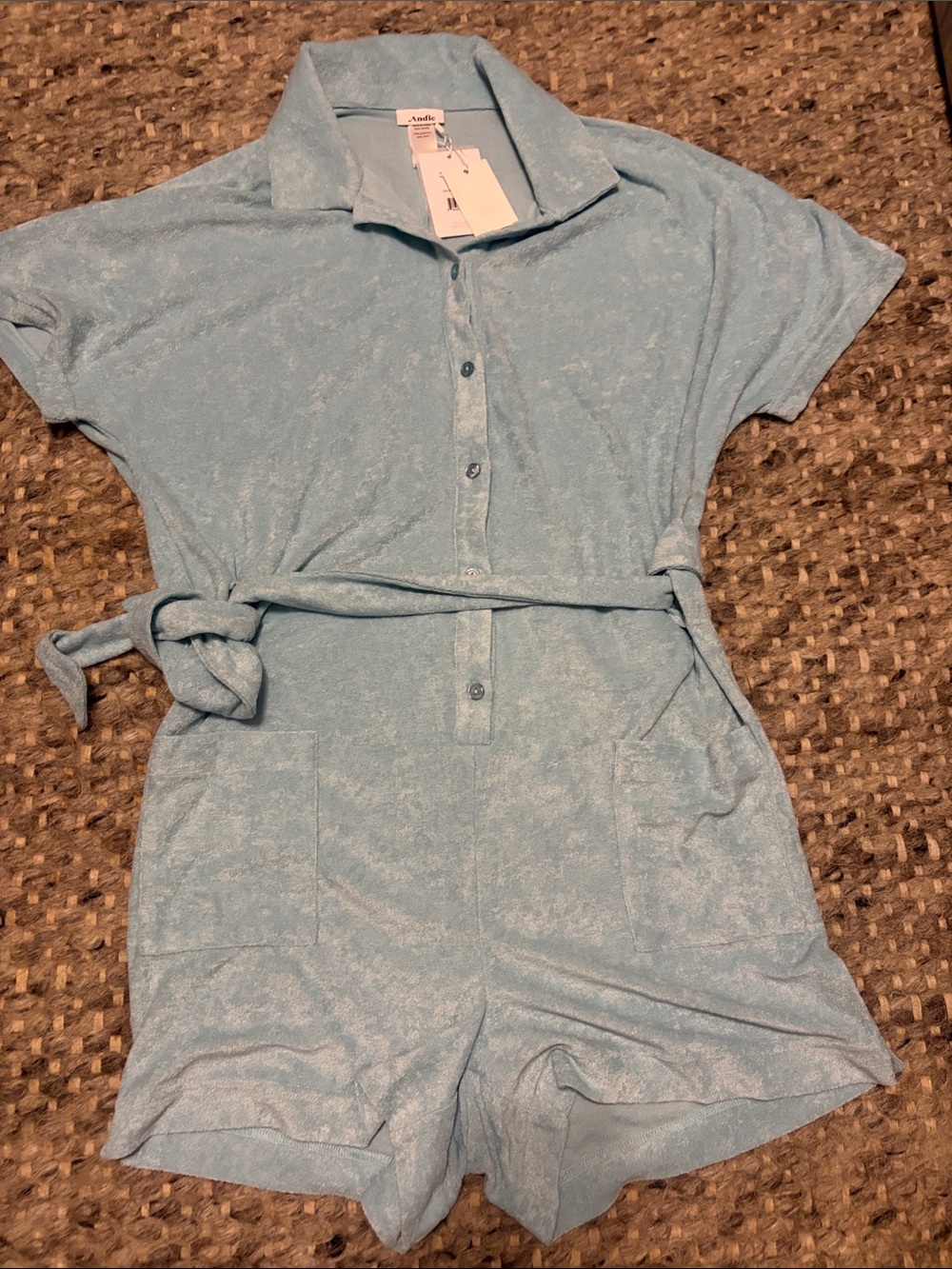 Angie Light Blue Terry Cloth Romper with Tie Waist